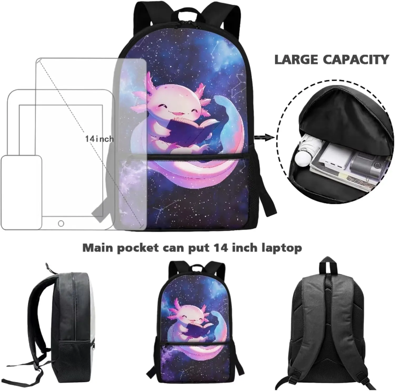 Talayituse Axolotl Galaxy Constellation Print 3 Piece Kid Backpack Set, Multifunction Teens Girls Schoolbag, Portable Bookbag with Lunch Bag & Pencil Case Combo Set