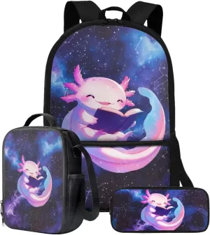 Talayituse Axolotl Galaxy Constellation Print 3 Piece Kid Backpack Set, Multifunction Teens Girls Schoolbag, Portable Bookbag with Lunch Bag & Pencil Case Combo Set