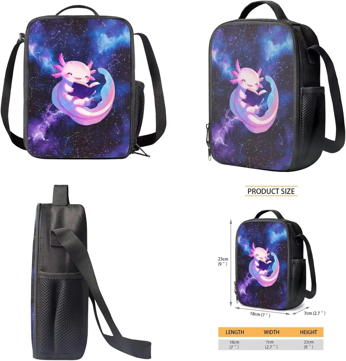Talayituse Axolotl Galaxy Constellation Print 3 Piece Kid Backpack Set, Multifunction Teens Girls Schoolbag, Portable Bookbag with Lunch Bag & Pencil Case Combo Set