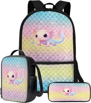 Talayituse Axolotl Mermaid Scales Print Backpack for Teens Girls 3 in 1 Kids School Bag with Lunch Bag Pencil Case, 17 Inch Bookbag Bookpack for Elementary Middle High School Student