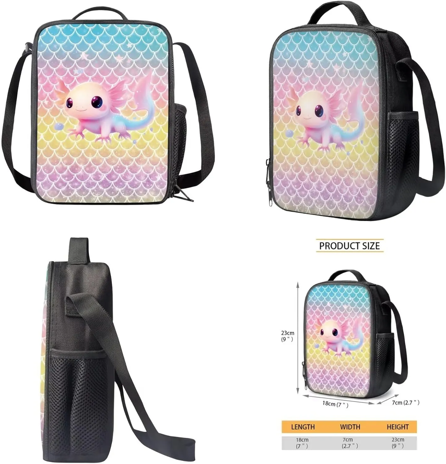 Talayituse Axolotl Mermaid Scales Print Backpack for Teens Girls 3 in 1 Kids School Bag with Lunch Bag Pencil Case, 17 Inch Bookbag Bookpack for Elementary Middle High School Student