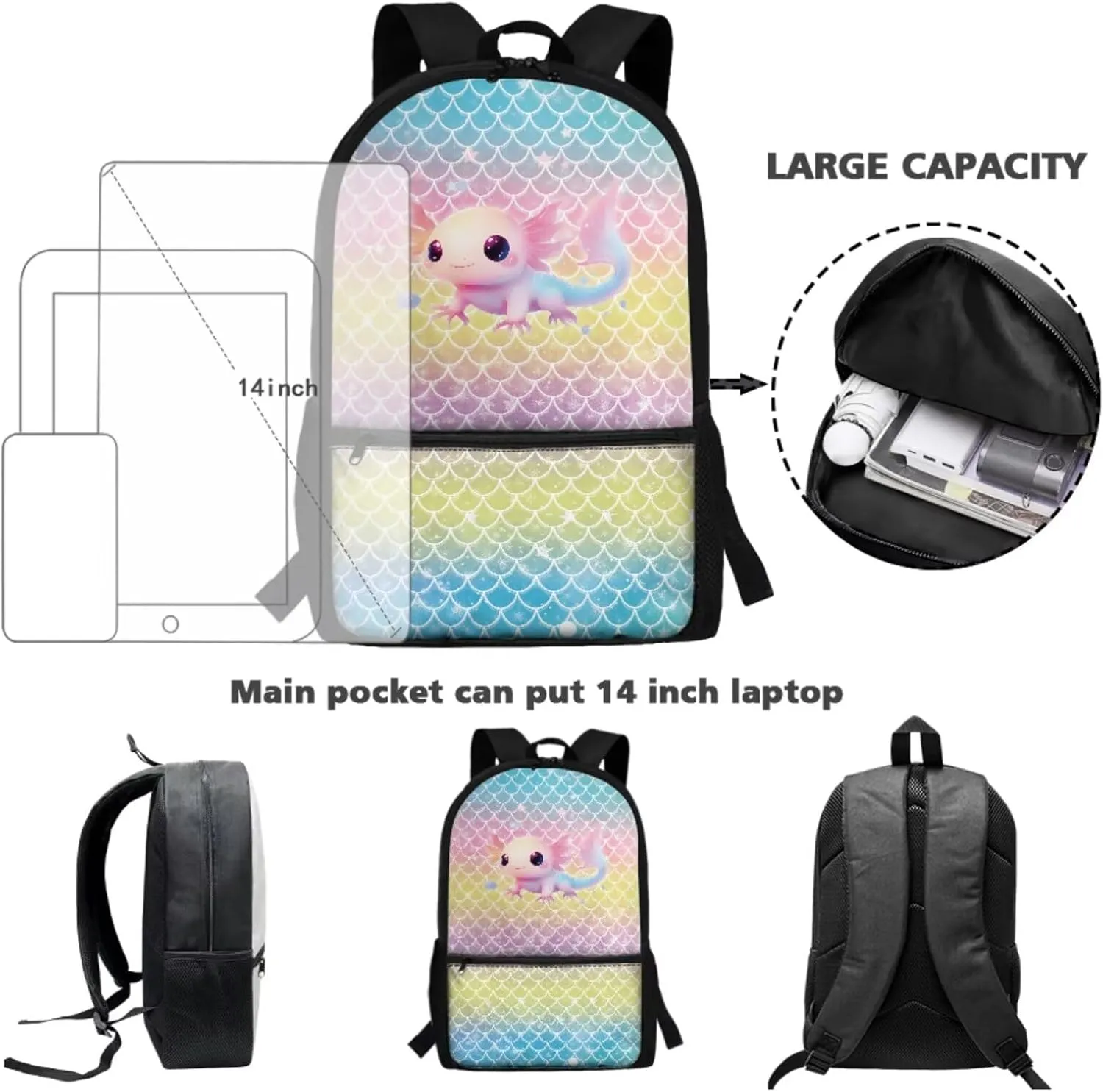 Talayituse Axolotl Mermaid Scales Print Backpack for Teens Girls 3 in 1 Kids School Bag with Lunch Bag Pencil Case, 17 Inch Bookbag Bookpack for Elementary Middle High School Student