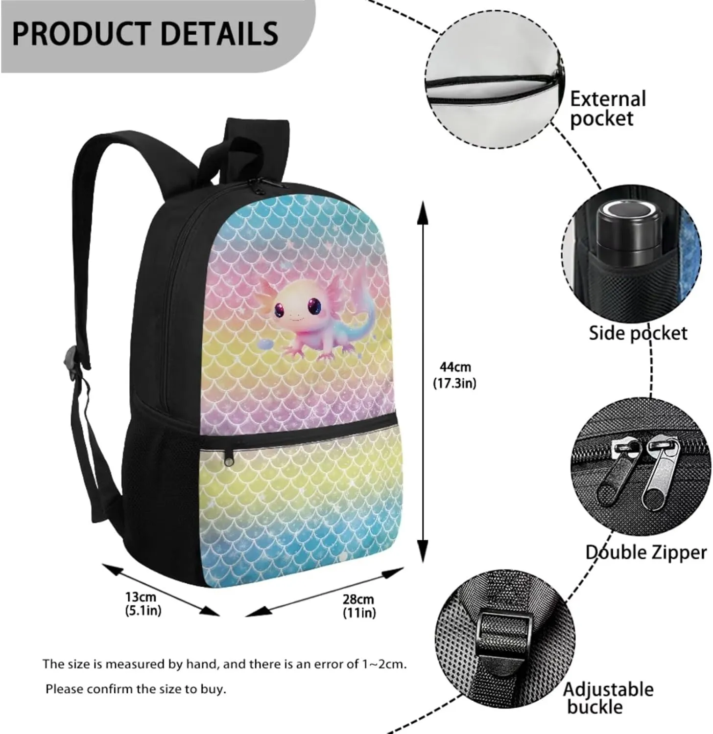 Talayituse Axolotl Mermaid Scales Print Backpack for Teens Girls 3 in 1 Kids School Bag with Lunch Bag Pencil Case, 17 Inch Bookbag Bookpack for Elementary Middle High School Student