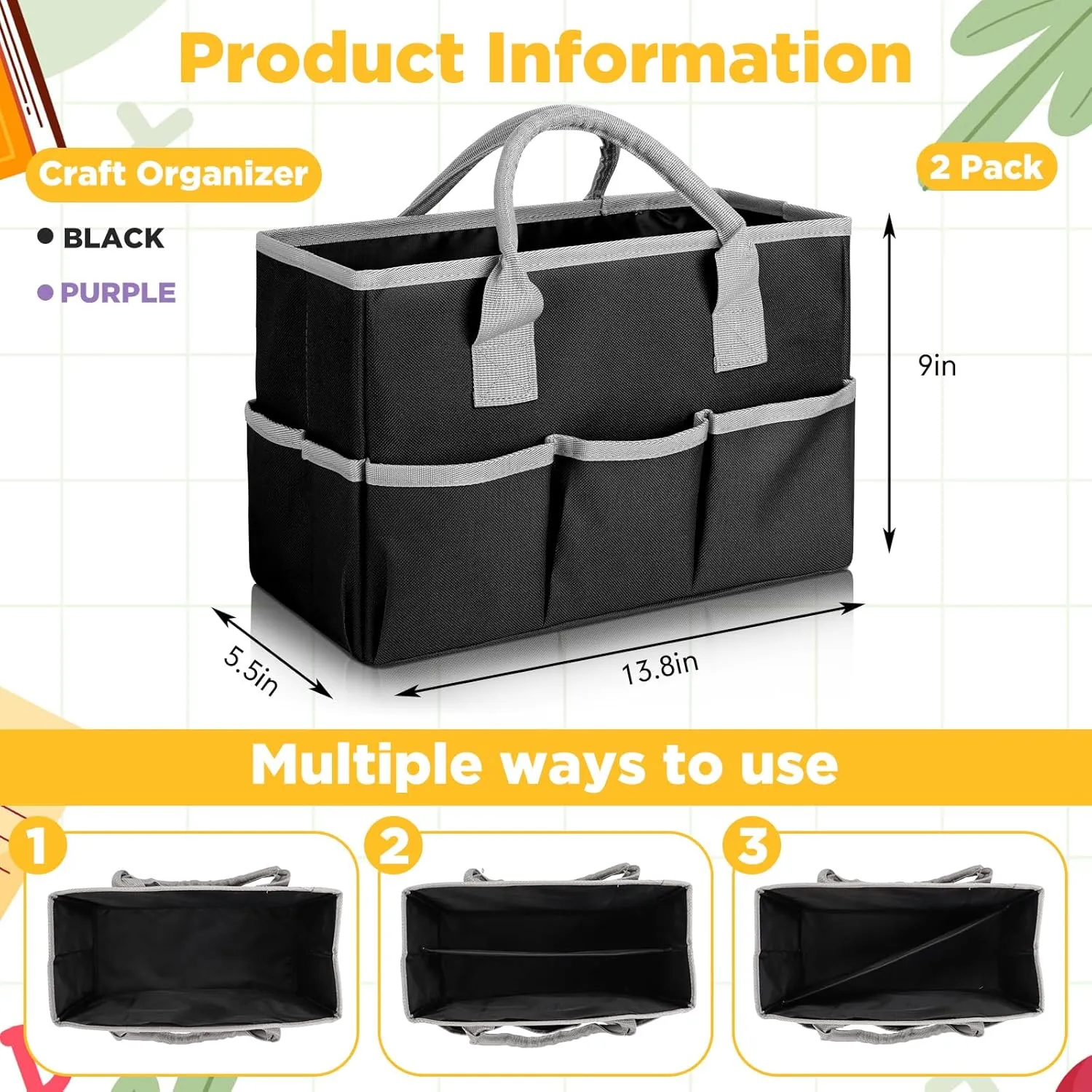 Tellingyou 2 Pcs Art Craft Tote Bag Teacher Craft Organizers and Storage Bag Desktop Tote Art Supply 600d Oxford Organizer Caddy with Multiple Pockets for Office(Black, Purple)