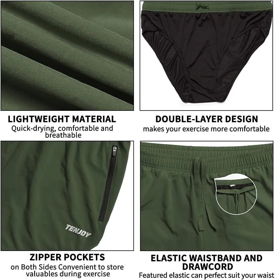 TENJOY Men's Running Shorts Gym Athletic Workout Shorts for Men 3 inch Sports Shorts with Zipper Pocket