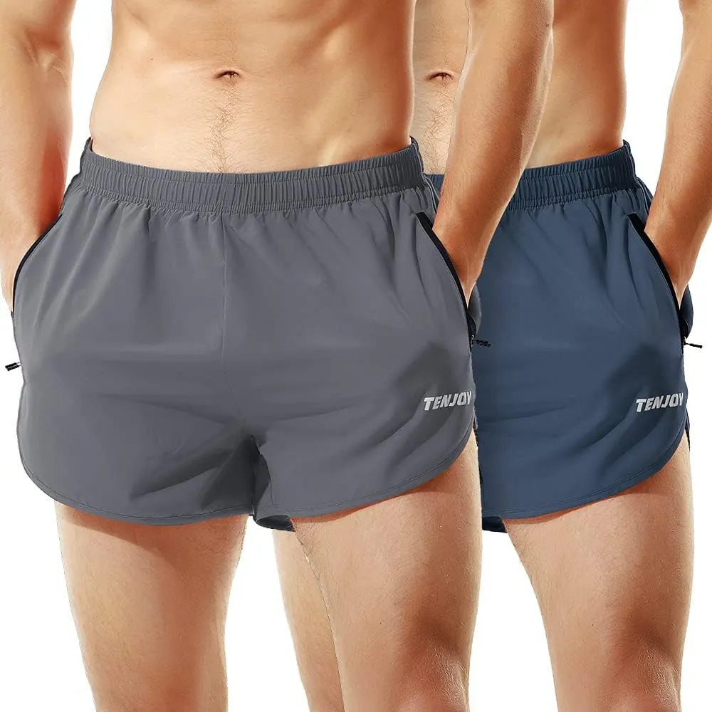 TENJOY Men's Running Shorts Gym Athletic Workout Shorts for Men 3 inch Sports Shorts with Zipper Pocket