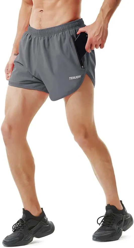 TENJOY Men's Running Shorts Gym Athletic Workout Shorts for Men 3 inch Sports Shorts with Zipper Pocket
