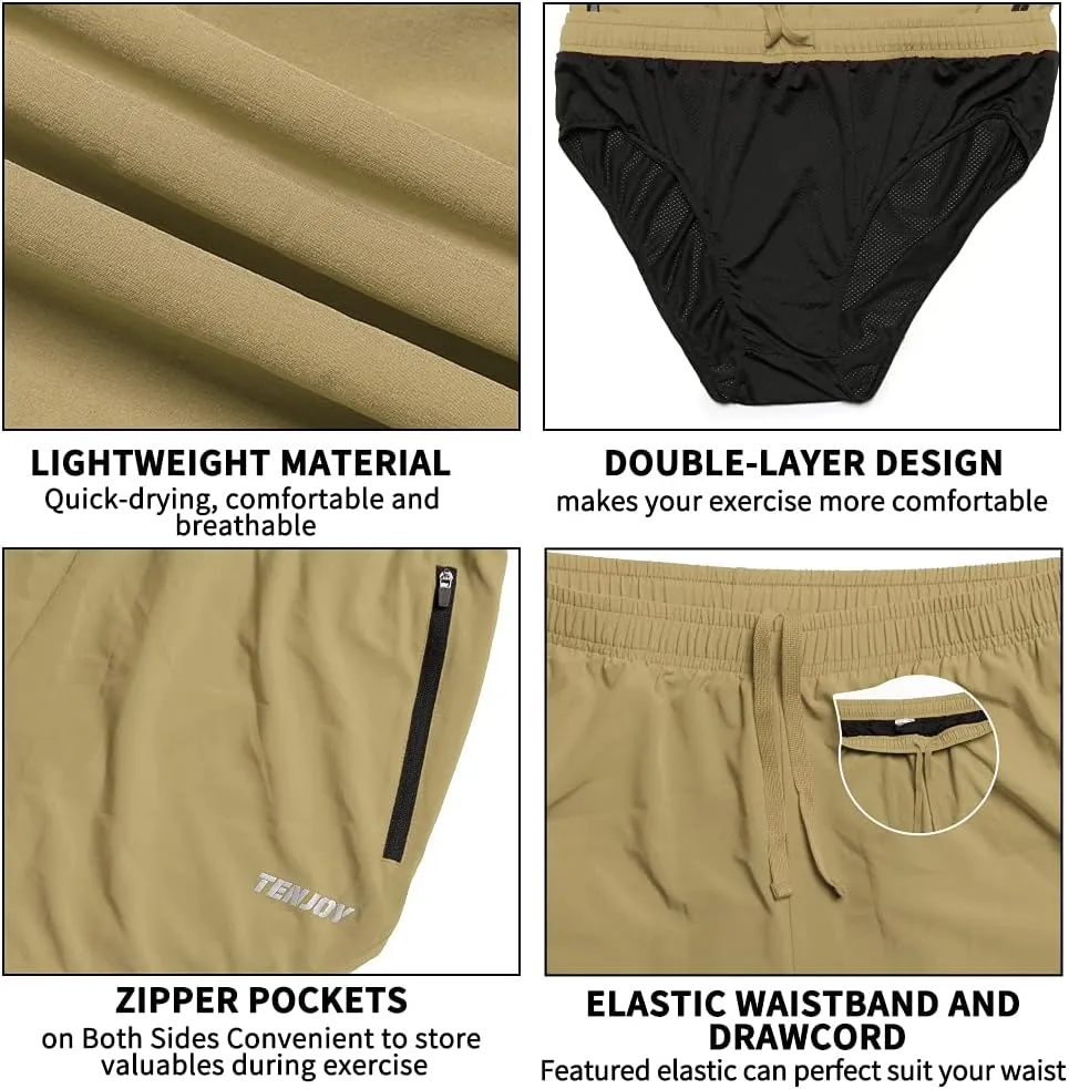 TENJOY Men's Running Shorts Gym Athletic Workout Shorts for Men 3 inch Sports Shorts with Zipper Pocket