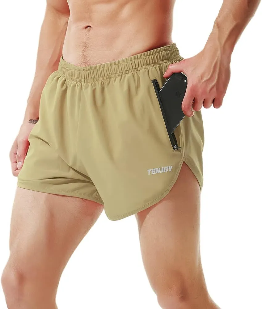 TENJOY Men's Running Shorts Gym Athletic Workout Shorts for Men 3 inch Sports Shorts with Zipper Pocket