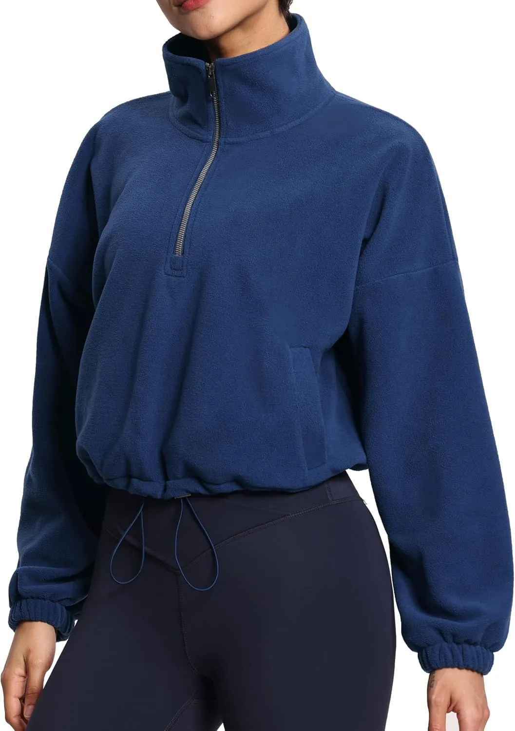 THE GYM PEOPLE Women’s Half Zip Crop Pullover Sweatshirt Fleece Stand Collar Workout Tops with Pockets Drawstring Hem