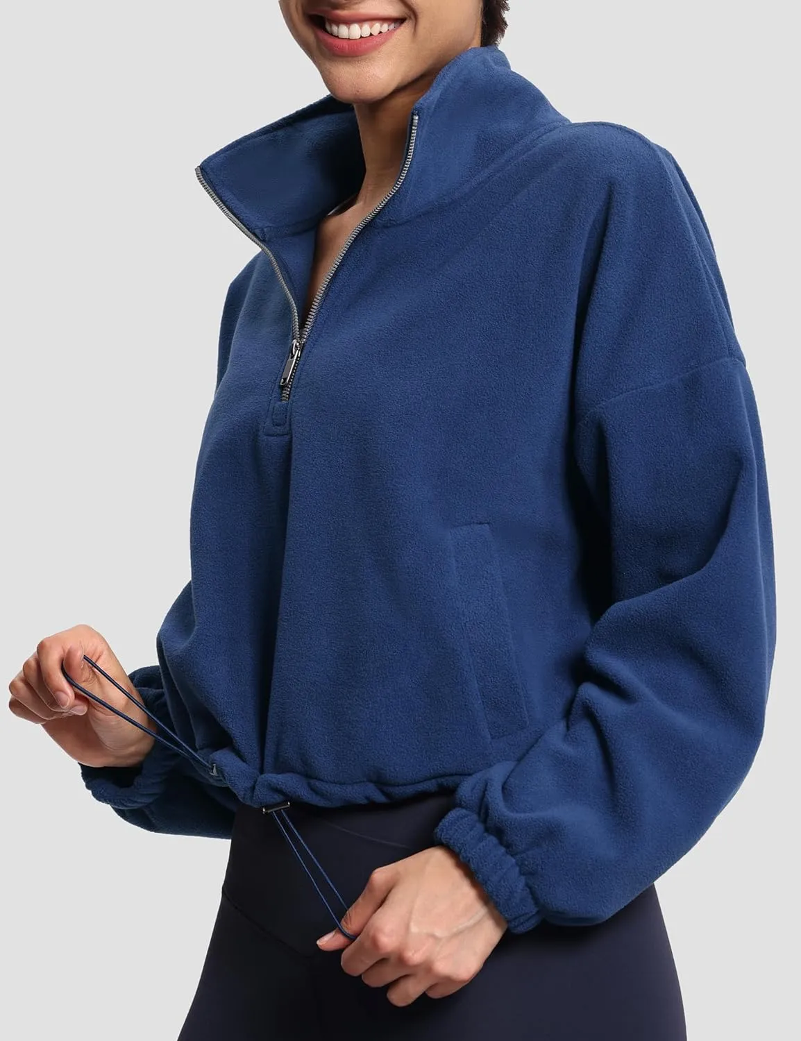 THE GYM PEOPLE Women’s Half Zip Crop Pullover Sweatshirt Fleece Stand Collar Workout Tops with Pockets Drawstring Hem