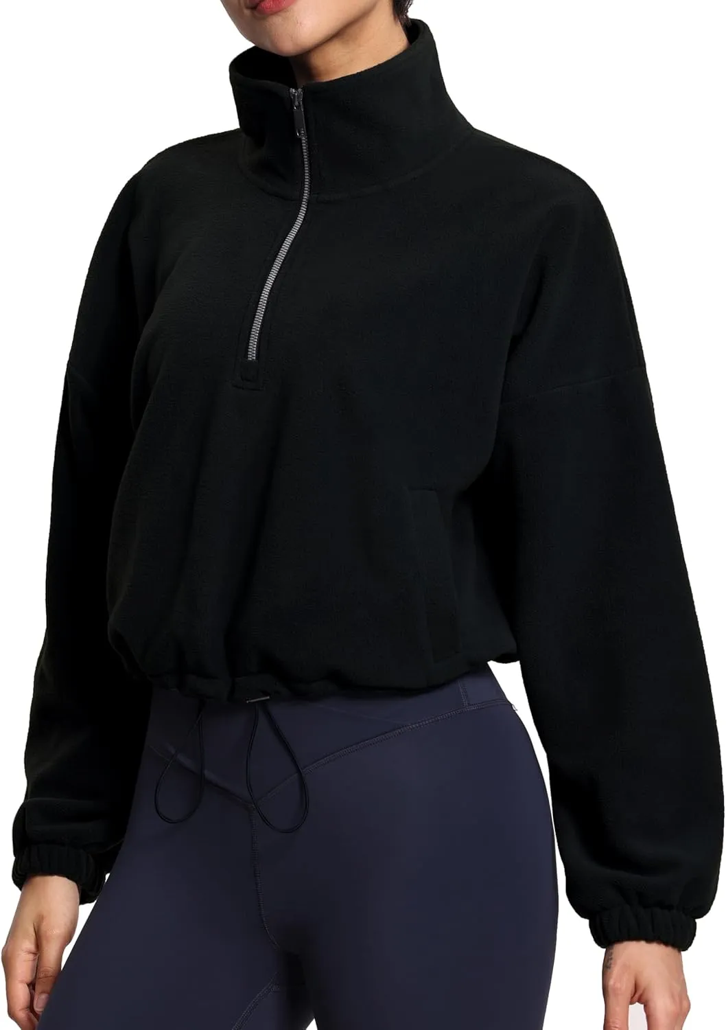THE GYM PEOPLE Women’s Half Zip Crop Pullover Sweatshirt Fleece Stand Collar Workout Tops with Pockets Drawstring Hem