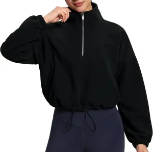 THE GYM PEOPLE Women’s Half Zip Crop Pullover Sweatshirt Fleece Stand Collar Workout Tops with Pockets Drawstring Hem