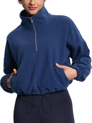 THE GYM PEOPLE Women’s Half Zip Crop Pullover Sweatshirt Fleece Stand Collar Workout Tops with Pockets Drawstring Hem