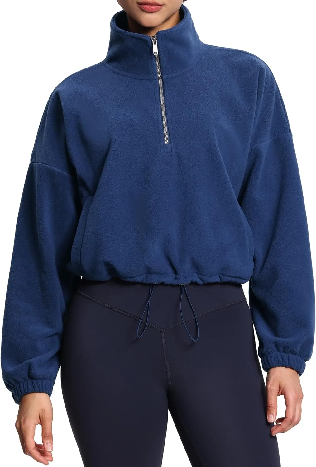 THE GYM PEOPLE Women’s Half Zip Crop Pullover Sweatshirt Fleece Stand Collar Workout Tops with Pockets Drawstring Hem