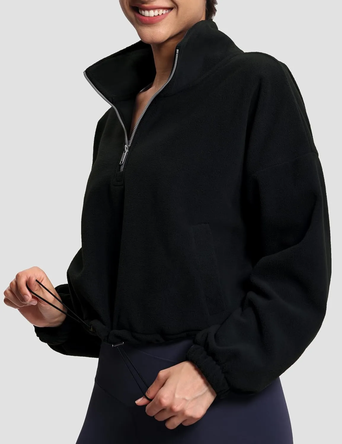 THE GYM PEOPLE Women’s Half Zip Crop Pullover Sweatshirt Fleece Stand Collar Workout Tops with Pockets Drawstring Hem