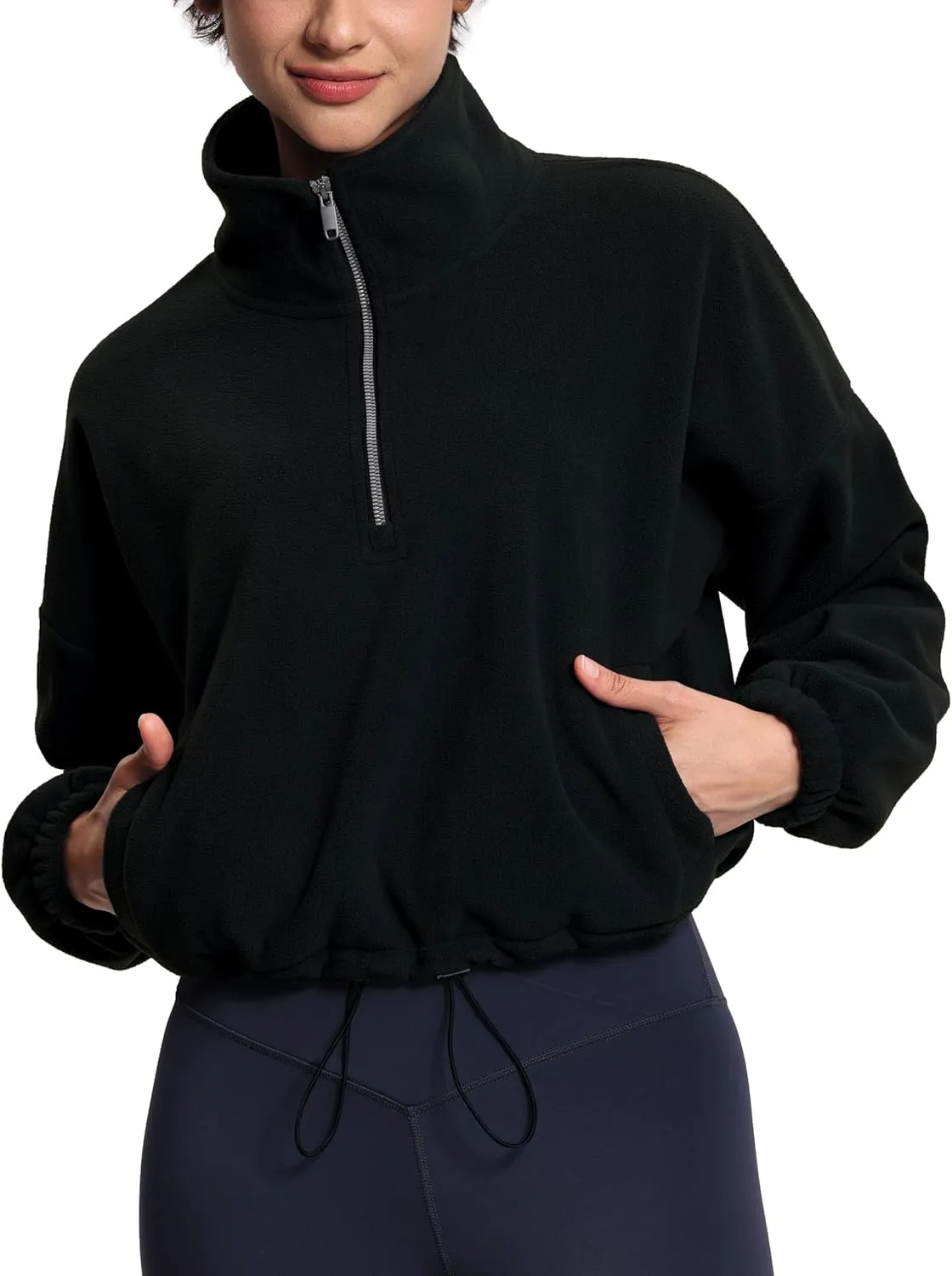 THE GYM PEOPLE Women’s Half Zip Crop Pullover Sweatshirt Fleece Stand Collar Workout Tops with Pockets Drawstring Hem