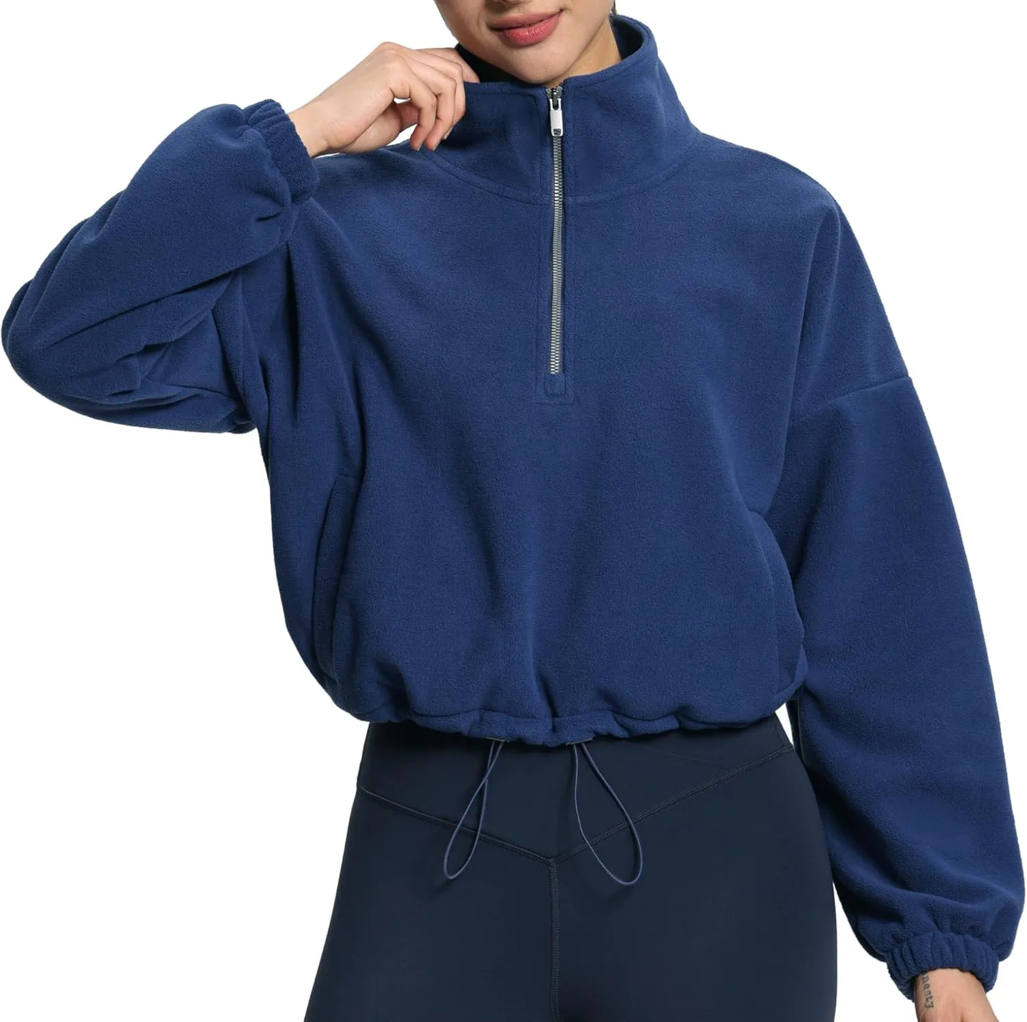 THE GYM PEOPLE Women’s Half Zip Crop Pullover Sweatshirt Fleece Stand Collar Workout Tops with Pockets Drawstring Hem