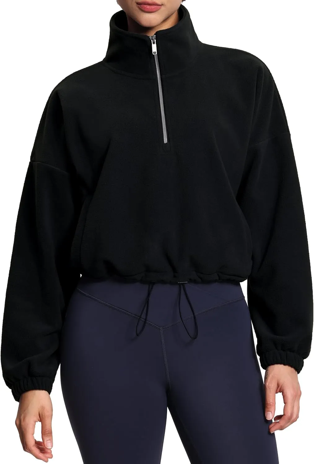 THE GYM PEOPLE Women’s Half Zip Crop Pullover Sweatshirt Fleece Stand Collar Workout Tops with Pockets Drawstring Hem