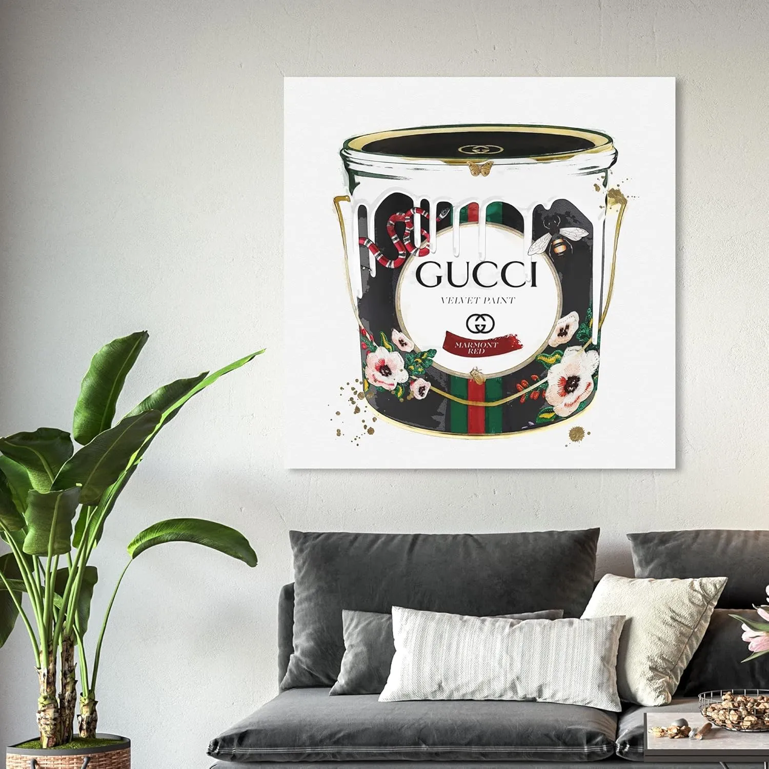 The Oliver Gal Artist Co. Fashion and Glam Framed Wall Art Canvas Prints 'Velvet Marmont Paint Cans Home Décor, 40 in x 40 in, Black, Gold