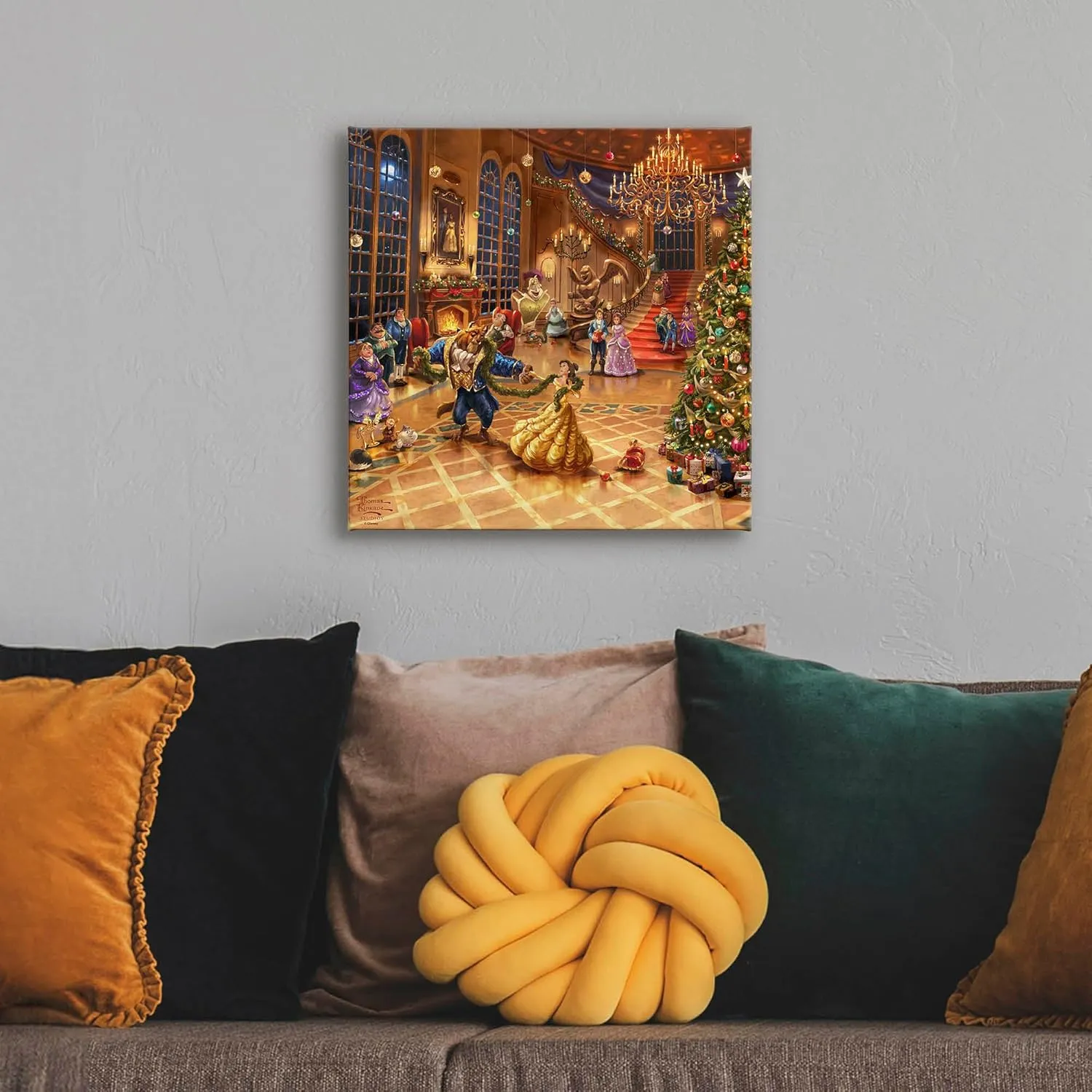 Thomas Kinkade Disney Beauty and The Beast Christmas Celebration 14" x 14" Gallery Wrapped Canvas Art | Frameless Room Wall Art | Certificate of Authenticity Included