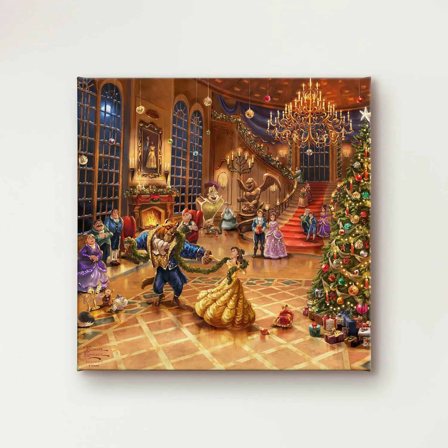 Thomas Kinkade Disney Beauty and The Beast Christmas Celebration 14" x 14" Gallery Wrapped Canvas Art | Frameless Room Wall Art | Certificate of Authenticity Included