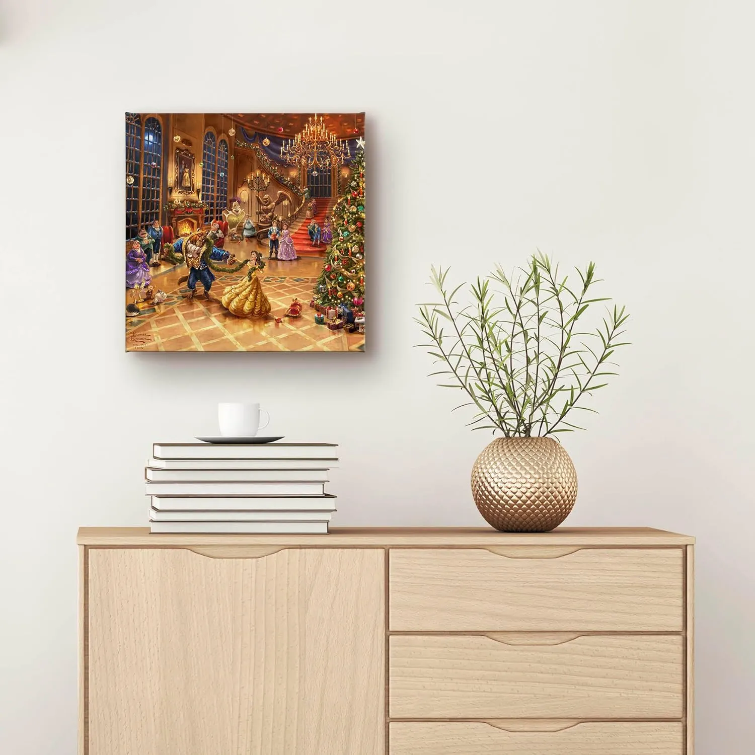 Thomas Kinkade Disney Beauty and The Beast Christmas Celebration 14" x 14" Gallery Wrapped Canvas Art | Frameless Room Wall Art | Certificate of Authenticity Included