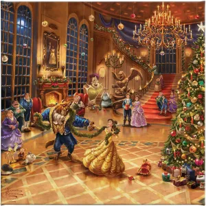 Thomas Kinkade Disney Beauty and The Beast Christmas Celebration 14" x 14" Gallery Wrapped Canvas Art | Frameless Room Wall Art | Certificate of Authenticity Included