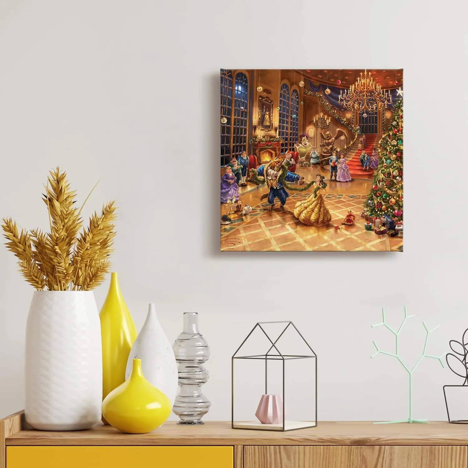 Thomas Kinkade Disney Beauty and The Beast Christmas Celebration 14" x 14" Gallery Wrapped Canvas Art | Frameless Room Wall Art | Certificate of Authenticity Included