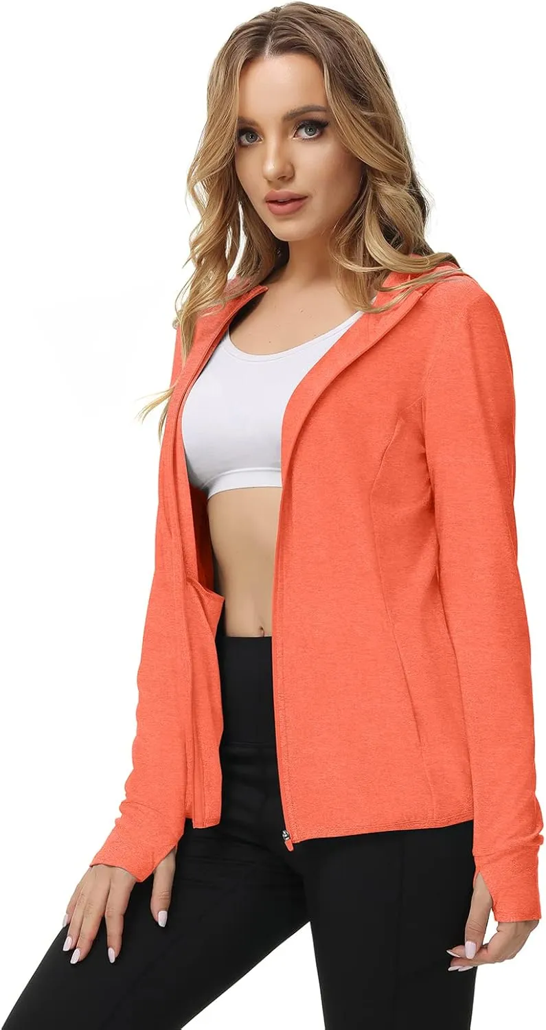 TIHEEN Women's UPF 50  Sun Protection Hoodie Jacket Lightweight Full Zip Athletic Jacket Long Sleeve Shirt with Pockets