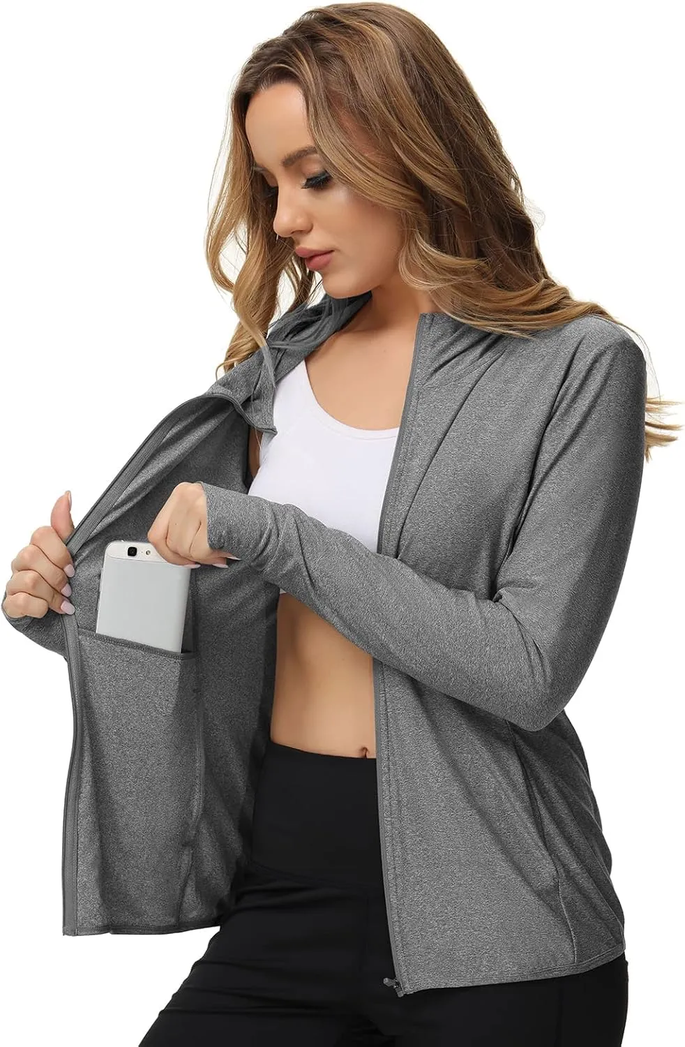 TIHEEN Women's UPF 50  Sun Protection Hoodie Jacket Lightweight Full Zip Athletic Jacket Long Sleeve Shirt with Pockets