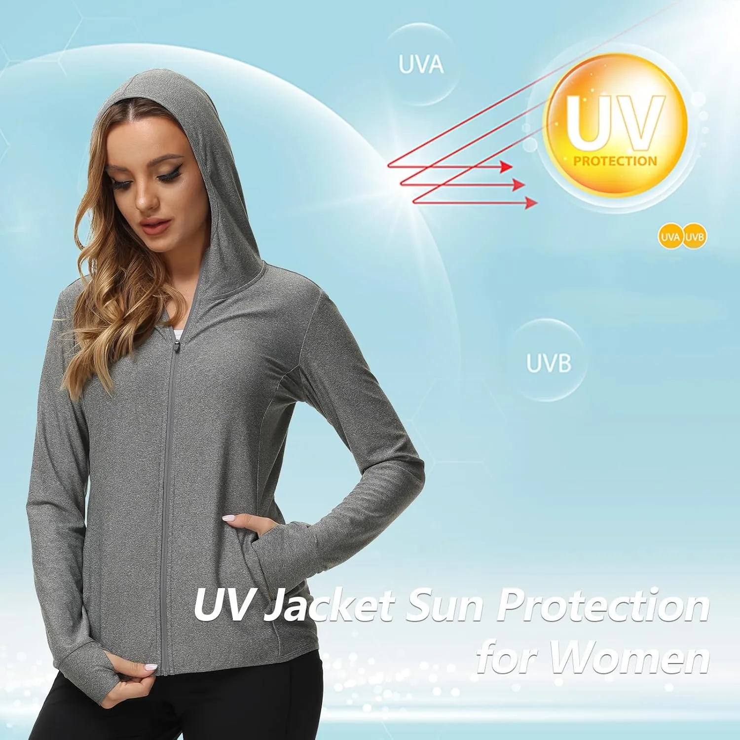 TIHEEN Women's UPF 50  Sun Protection Hoodie Jacket Lightweight Full Zip Athletic Jacket Long Sleeve Shirt with Pockets
