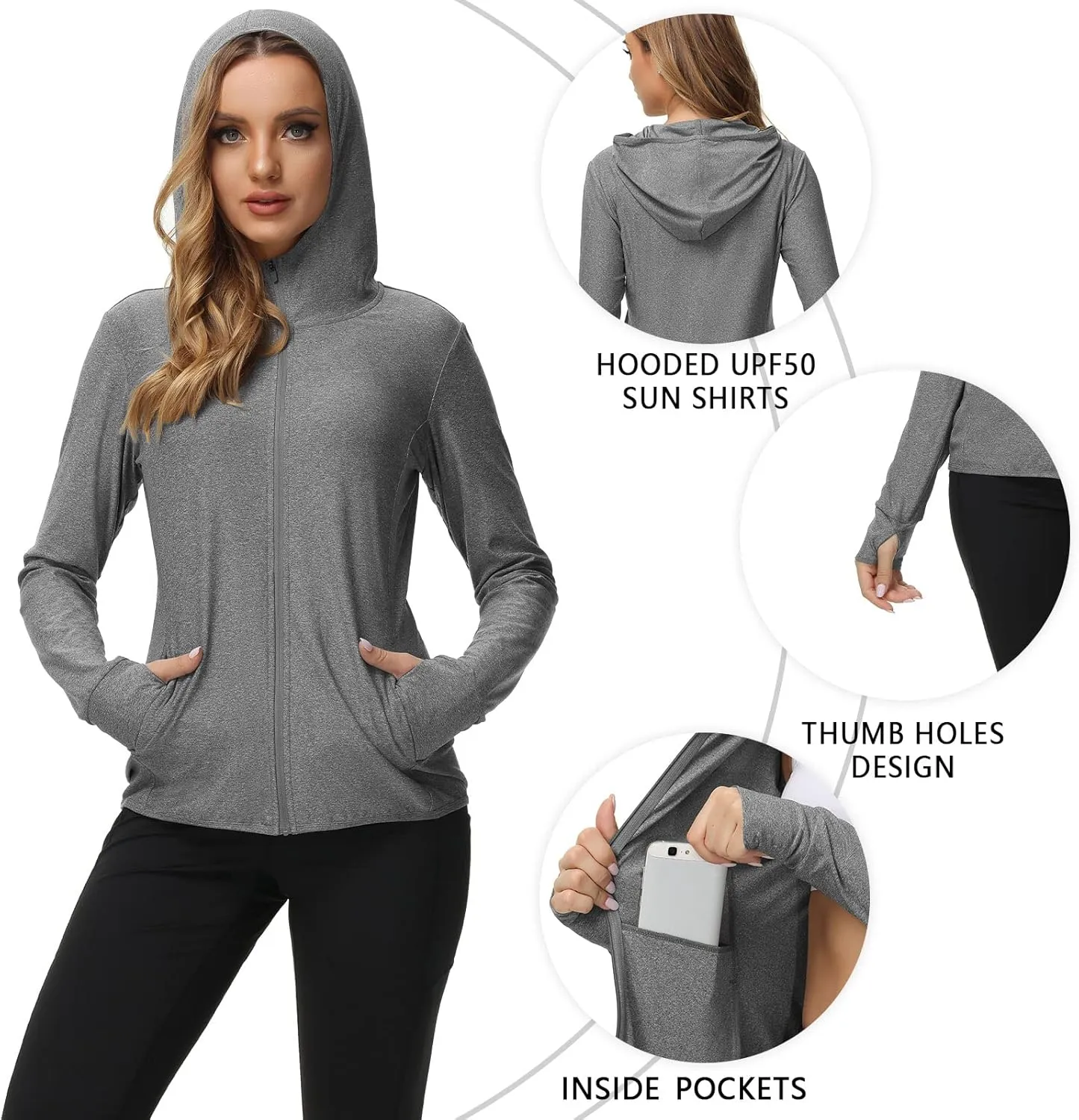 TIHEEN Women's UPF 50  Sun Protection Hoodie Jacket Lightweight Full Zip Athletic Jacket Long Sleeve Shirt with Pockets