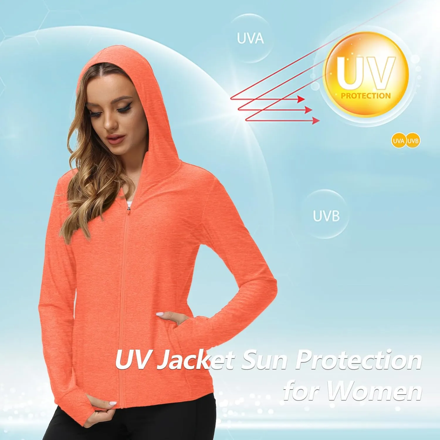 TIHEEN Women's UPF 50  Sun Protection Hoodie Jacket Lightweight Full Zip Athletic Jacket Long Sleeve Shirt with Pockets