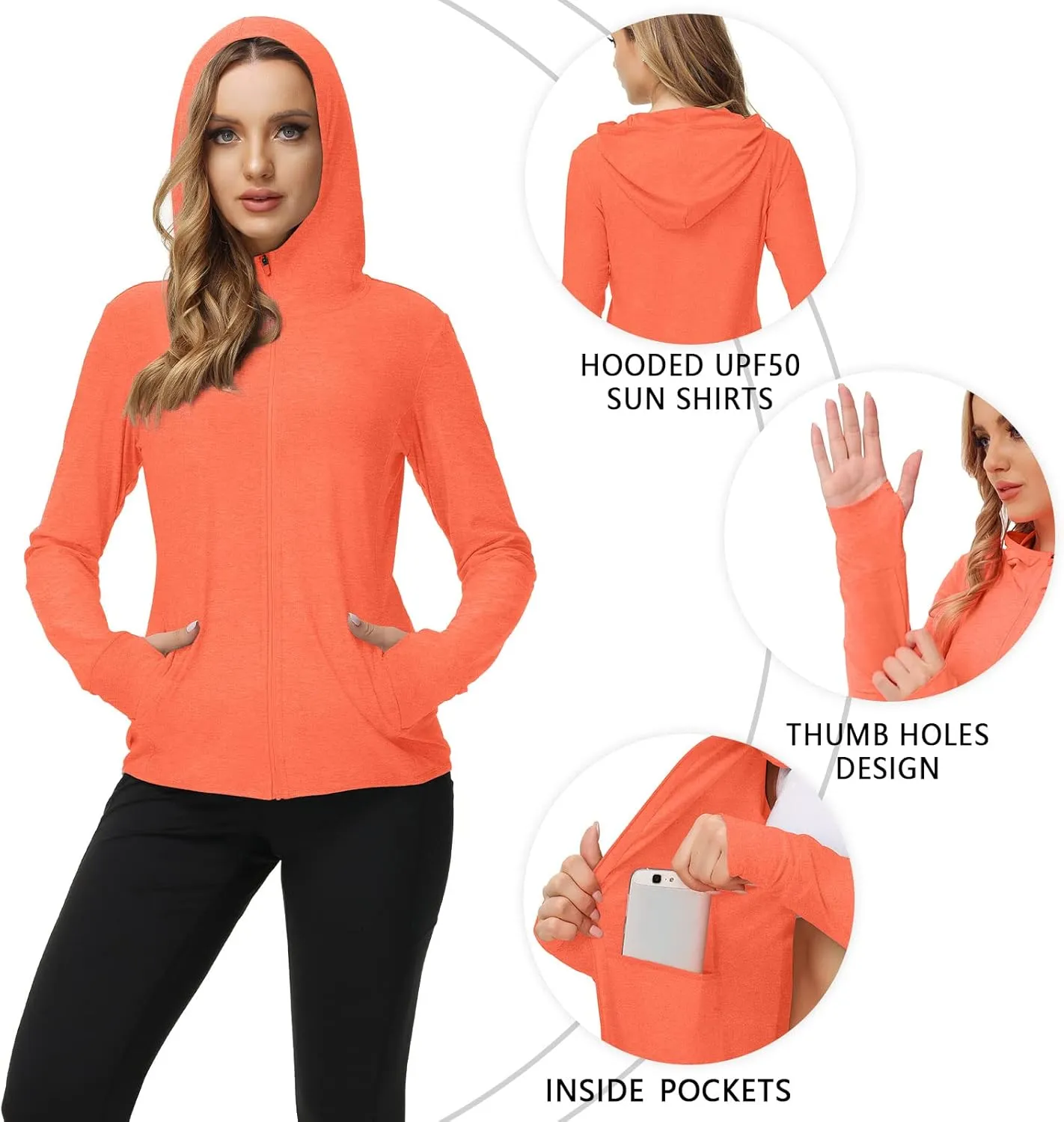 TIHEEN Women's UPF 50  Sun Protection Hoodie Jacket Lightweight Full Zip Athletic Jacket Long Sleeve Shirt with Pockets