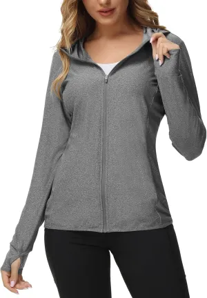TIHEEN Women's UPF 50  Sun Protection Hoodie Jacket Lightweight Full Zip Athletic Jacket Long Sleeve Shirt with Pockets