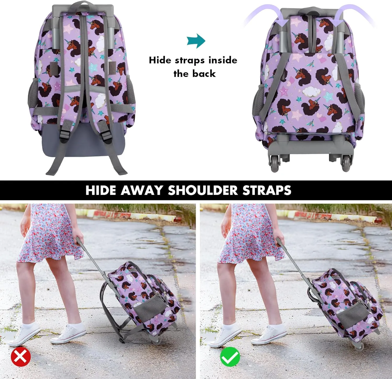 Tilami Double Hand Rolling Backpack Set,Brown unicorn