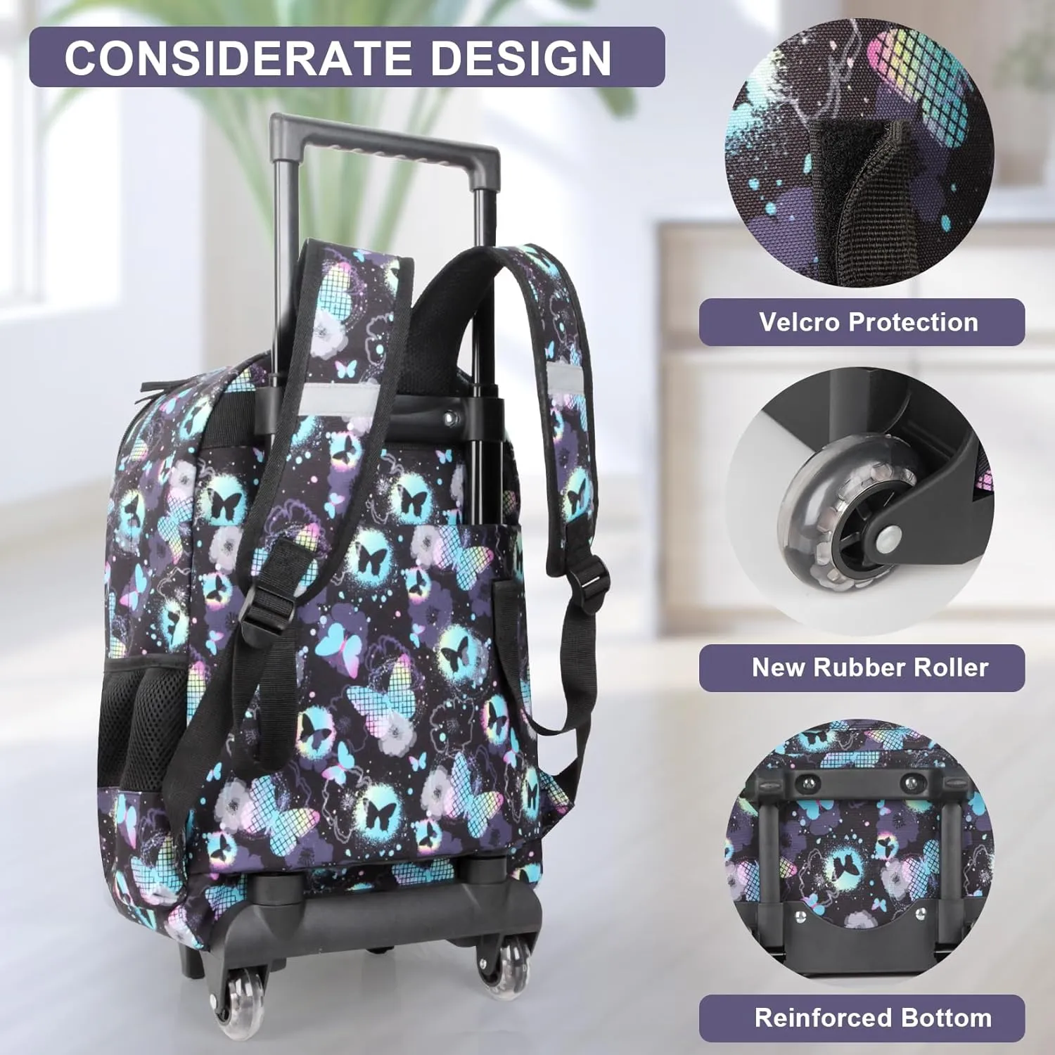 Tilami Double Hand Rolling Backpack Set,Butterfly
