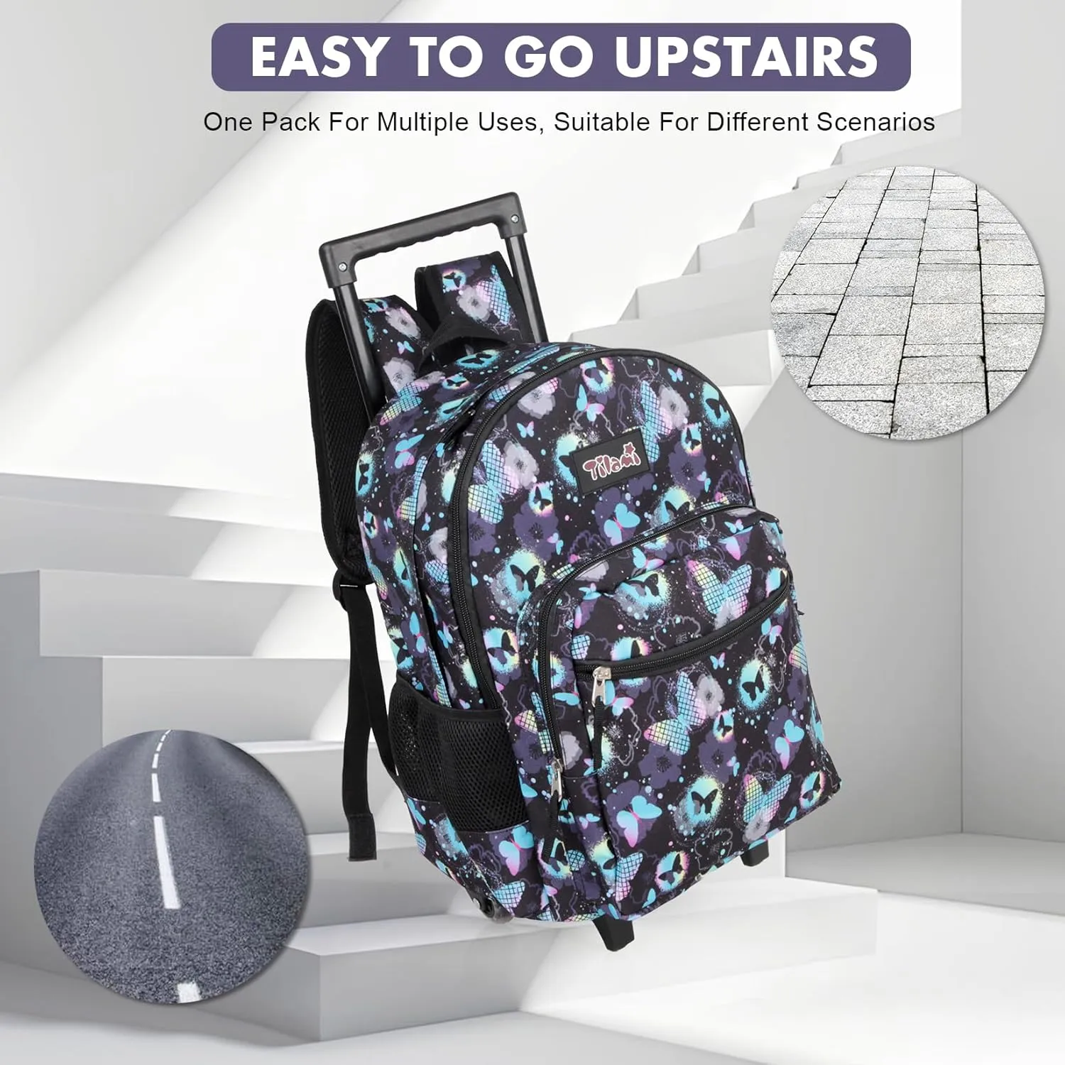 Tilami Double Hand Rolling Backpack Set,Butterfly