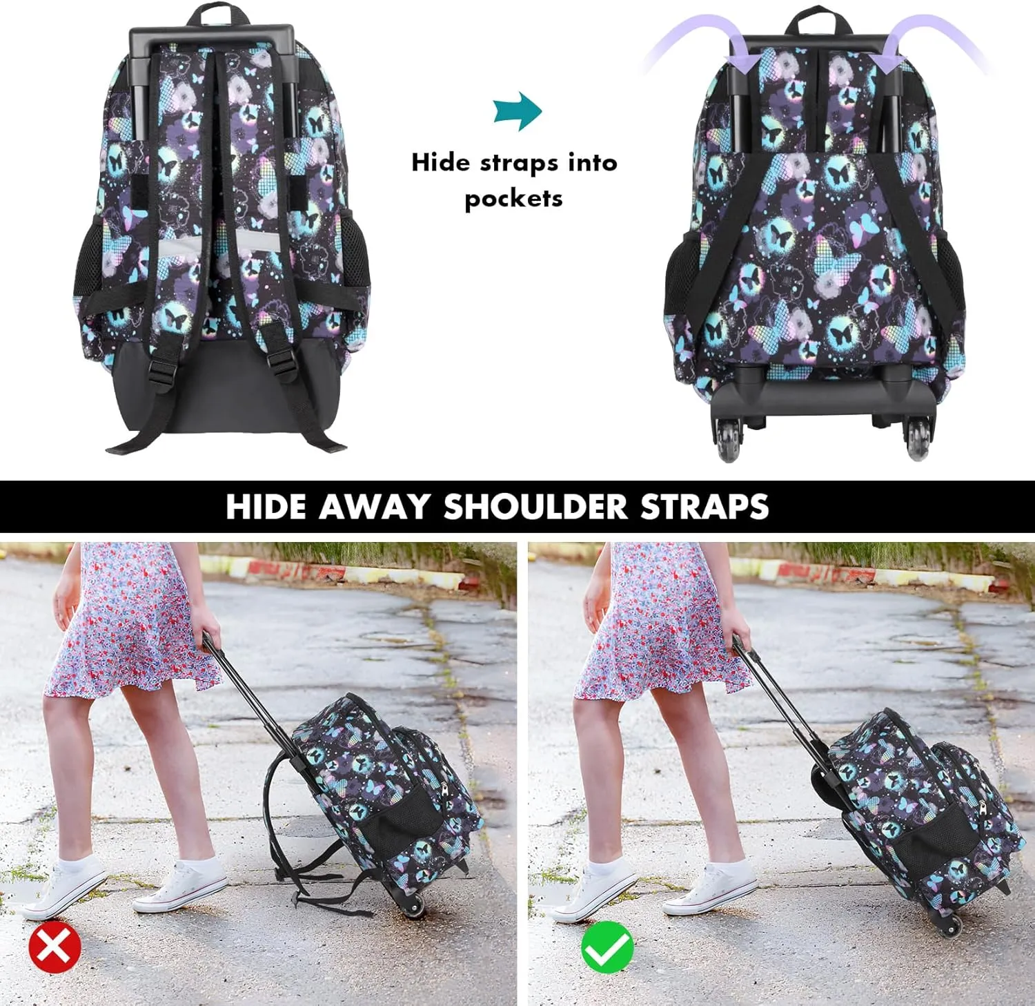Tilami Double Hand Rolling Backpack Set,Butterfly