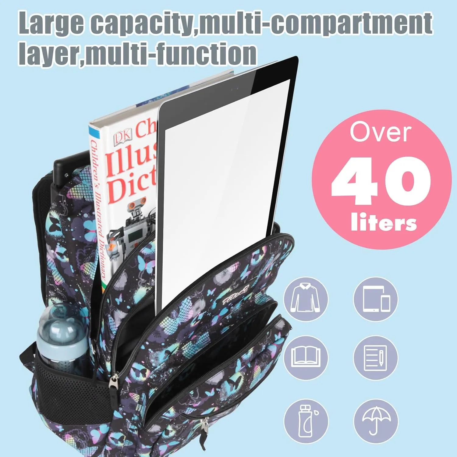 Tilami Double Hand Rolling Backpack Set,Butterfly