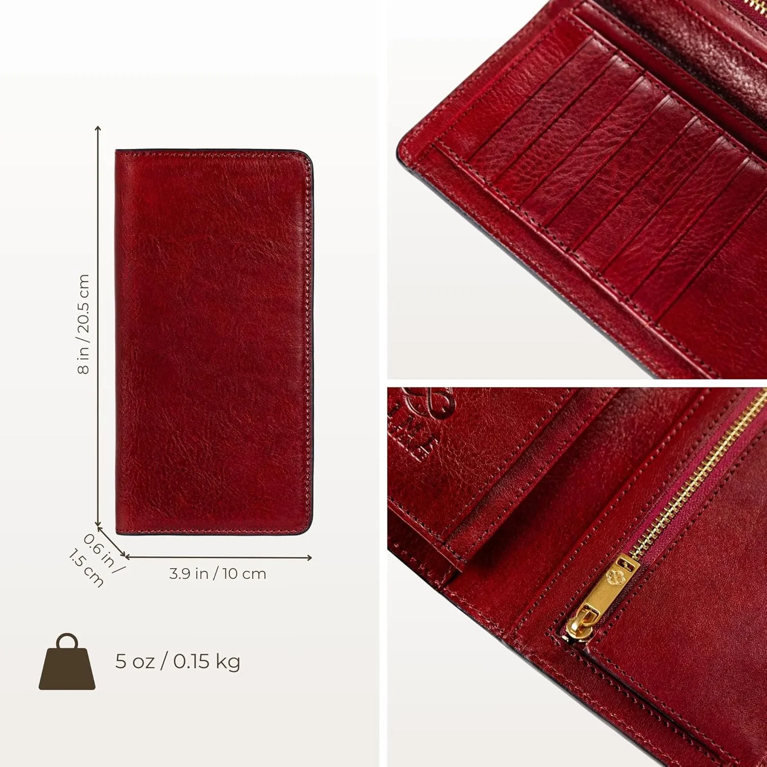 Time Resistance Long Leather Wallet - Bifold Mens Suit Leather Wallet - Checkbook Wallet - Tall Billfold Card Wallet - Slim Wallet Made in Italy (Red)