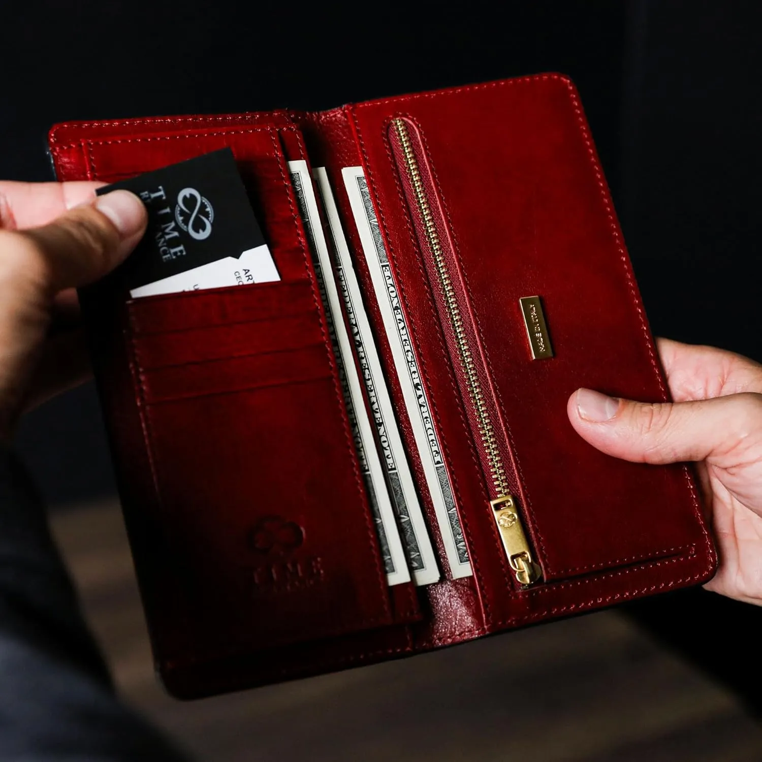 Time Resistance Long Leather Wallet - Bifold Mens Suit Leather Wallet - Checkbook Wallet - Tall Billfold Card Wallet - Slim Wallet Made in Italy (Red)