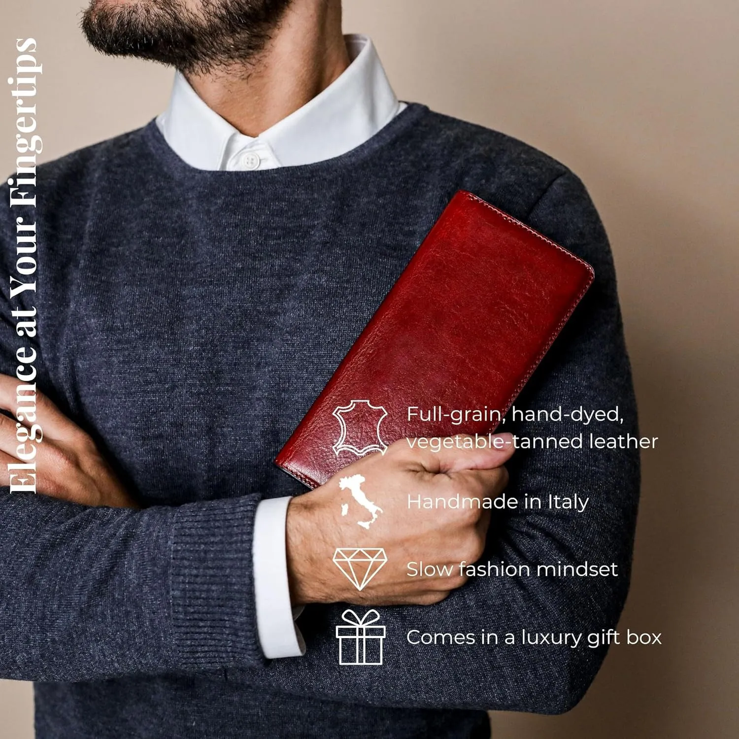 Time Resistance Long Leather Wallet - Bifold Mens Suit Leather Wallet - Checkbook Wallet - Tall Billfold Card Wallet - Slim Wallet Made in Italy (Red)