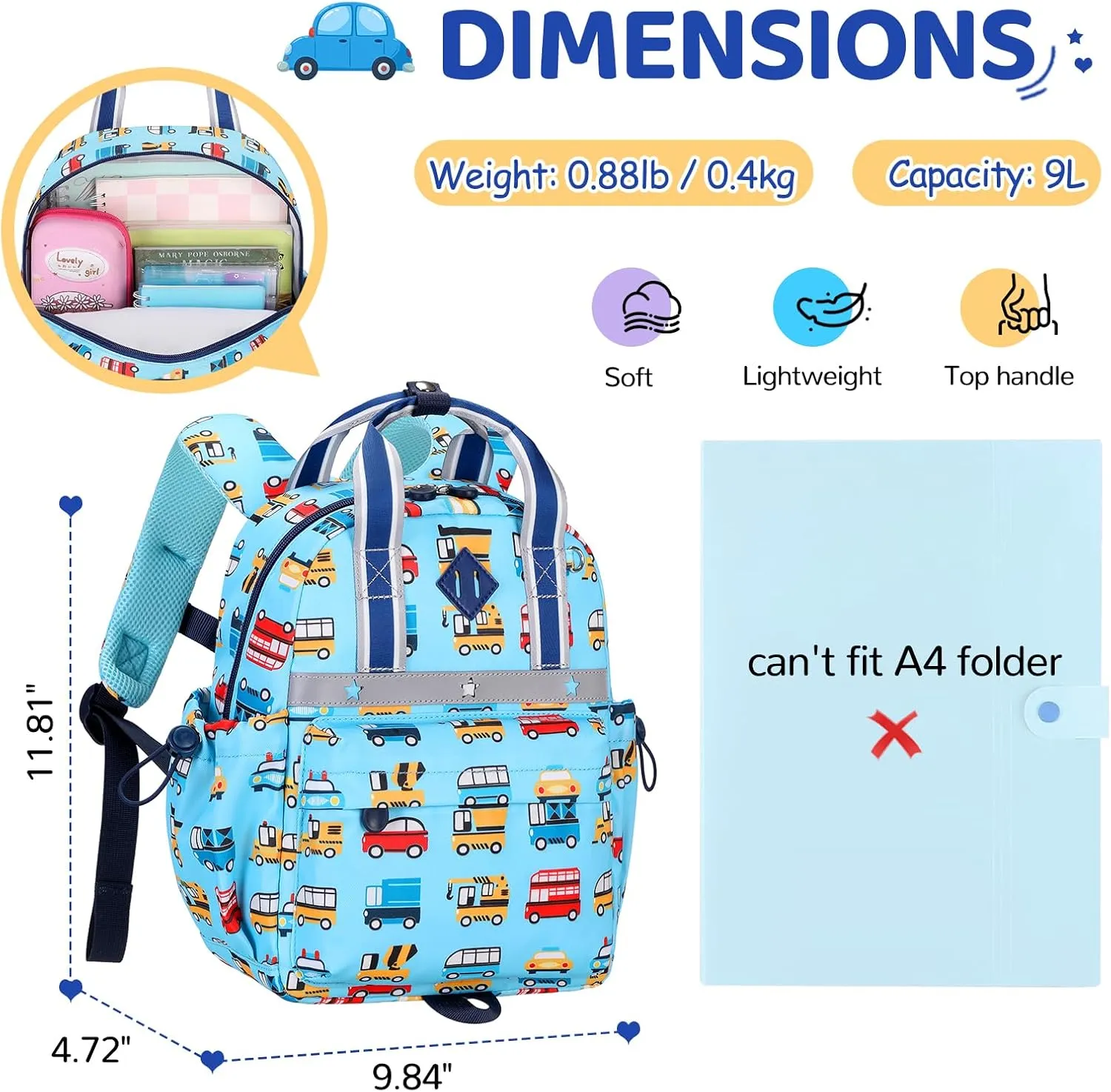 Toddler Backpack for Boys 2-4 Mini Diaper Daycare Bag Preschool Kids Bookbag for Kindergarten Elementary School Travel, Blue Cars
