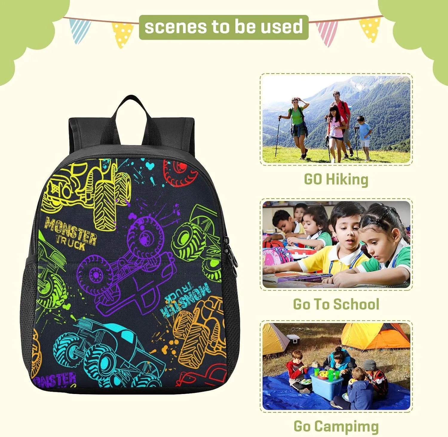 Toddler Monster Truck Waterproof Mini Backpack Boys/Girls Cute Small Kindergarten Pre School Bag (S)