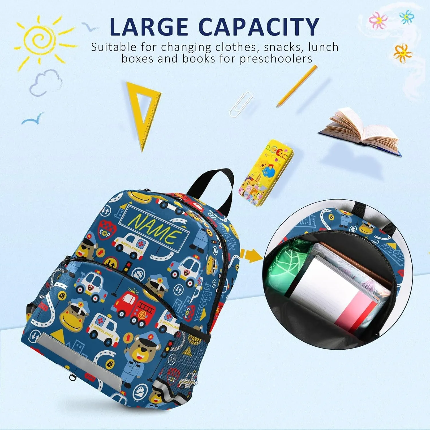 Toddlers Backpack Custom Kid's Name Car Cartoons Bookbag for Boys Girls 3-6 Years,Personalized Colorful Cars Bus Kindergarten Preschool Backpack Daypack