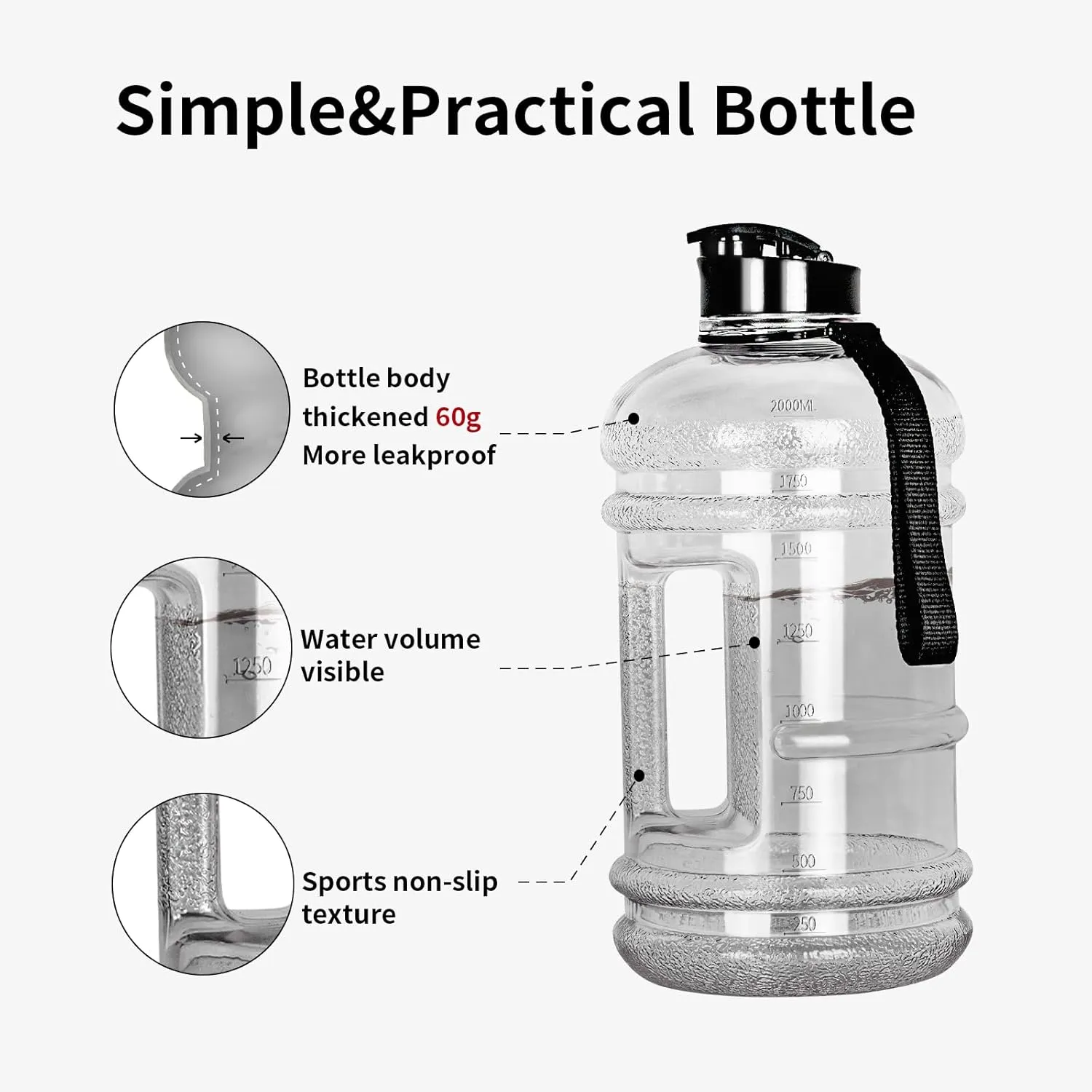 TOOFEEL 2.2L Half Gallon Water Bottle BPA Free - Ideal for Gym, Large Water Jug, Reusable Sports Bottle with Measurements Marked Drink Container - Transparent