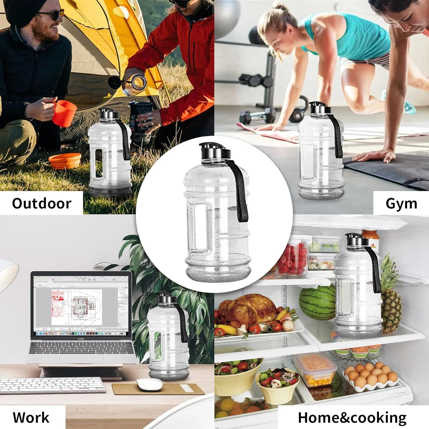 TOOFEEL 2.2L Half Gallon Water Bottle BPA Free - Ideal for Gym, Large Water Jug, Reusable Sports Bottle with Measurements Marked Drink Container - Transparent
