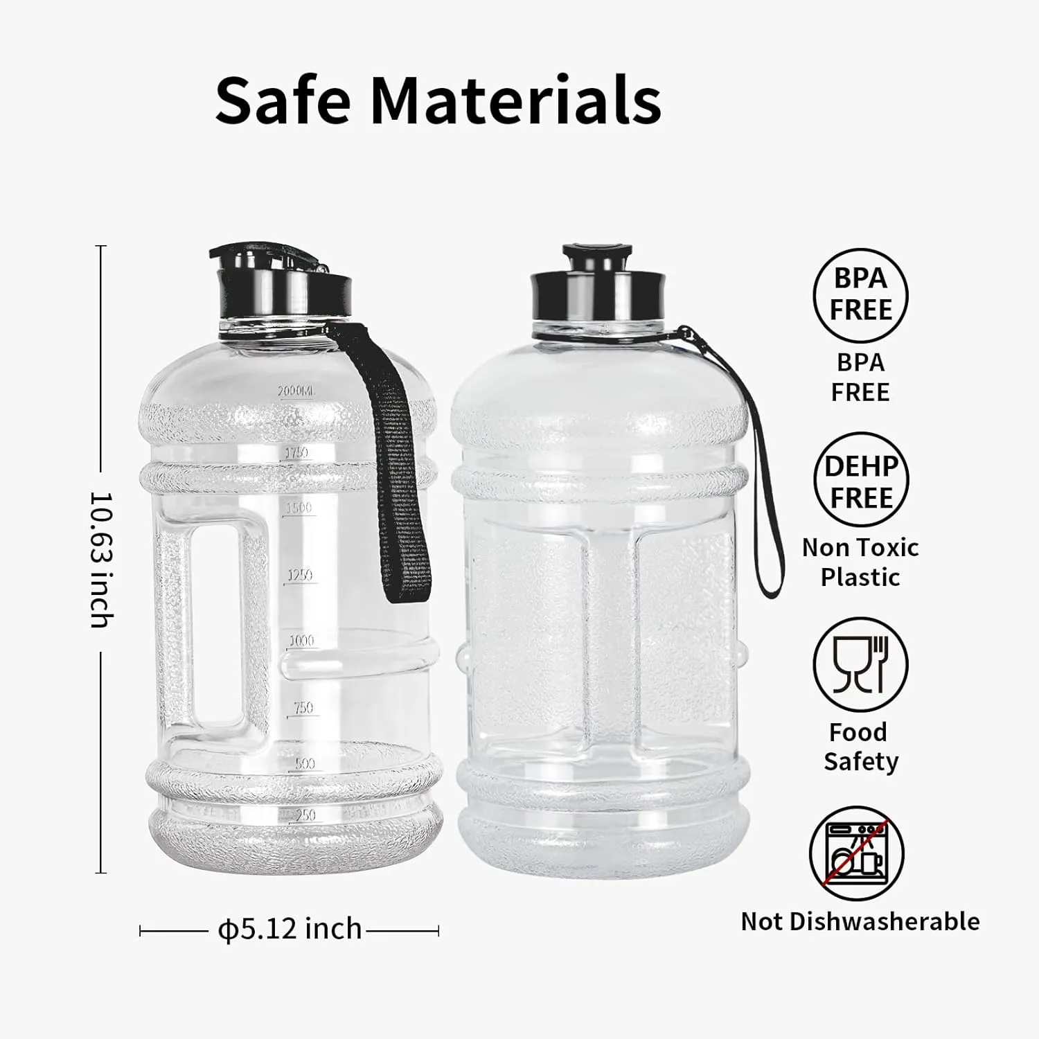 TOOFEEL 2.2L Half Gallon Water Bottle BPA Free - Ideal for Gym, Large Water Jug, Reusable Sports Bottle with Measurements Marked Drink Container - Transparent